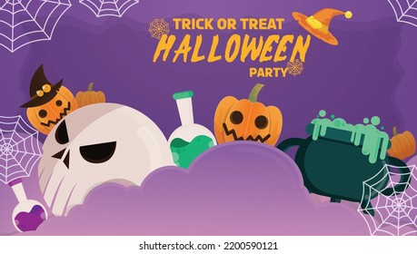 Halloween day. Trick or Treat party. Halloween element Pumpkin, Skull, Spider web, cauldron on Purple background. Template for greeting cards, banner,web design, advertisement.