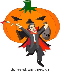 The Halloween day vector cartoon. Dracula is chased by the pumpkin. (vector) 