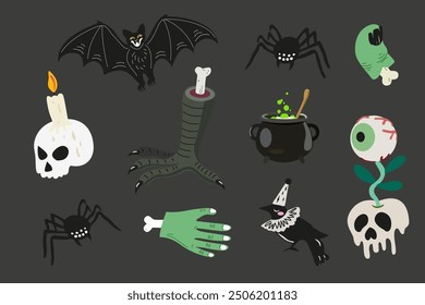 Halloween-Tag. Vektorset mit verschiedenen Halloween-Symbolen auf schwarzem Hintergrund. Elemente zum Brauen von Tränken. Krähe, Schädel, Spinne, Tränk Kessel, Zombie Hand