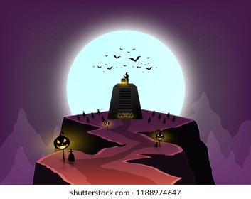 halloween day, witches cook in large boiler on sacrificial altar, moutain beautiful, and pumpkin pillars ,there are bats flying under the moon.