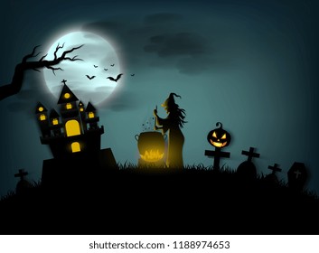 halloween day ,witches cook in large boiler in the castle grave and ghost scary and dark flying bats and moon