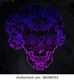 Halloween. DÃ­a de los Muertos. skull adorned with flowers. Handmade. Tattoo design. Vector illustration