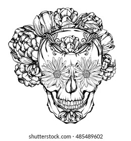 Halloween. DÃ­a de los Muertos. skull adorned with flowers. Handmade. Tattoo design. Vector illustration.Coloring book page design