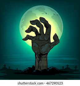 Halloween, Dead Man's arm from the ground, illistration for poster, zombie party, postcard, vector