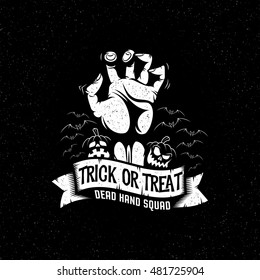 Halloween dead man's hand and pumpkin - black and white mascot, symbol, poster retro. Vector illustration layered.