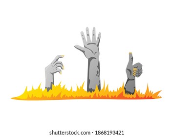 Halloween dead rising hands scary attributes vector illustration