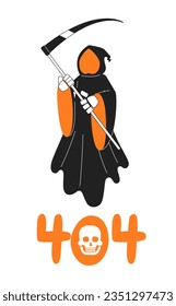 Halloween death black white error 404 flash message. Grim reaper holding scythe. Spirit. Monochrome empty state ui design. Page not found popup cartoon image. Vector flat outline illustration concept