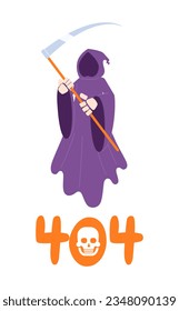 Halloween death error 404 flash message. Grim reaper holding scythe. Spirit Helloween. Empty state ui design. Page not found popup cartoon image. Vector flat illustration concept on white background