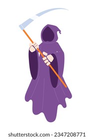 Halloween death flat concept vector spot illustration. Grim reaper holding scythe 2D cartoon character on white for web UI design. Spirit Helloween cosplay isolated editable creative hero image