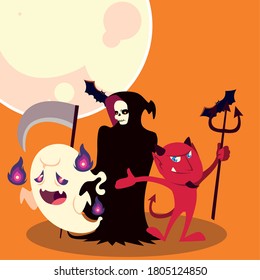 Halloween death ghost and devil cartoons design, Holiday and scary theme Vector illustration