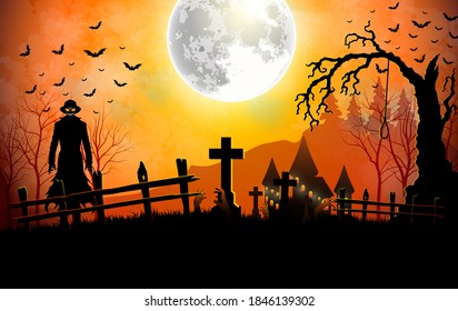 Halloween death with grim reaper  in the graveyard