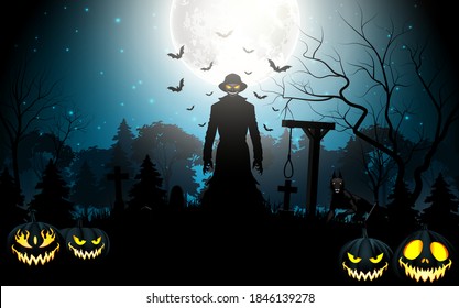 Halloween death with grim reaper  and pumpkins in the graveyard