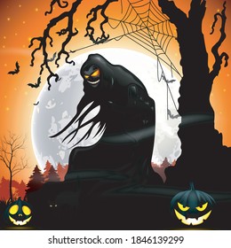 Halloween death with grim reaper and pumpkins