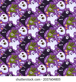 Halloween death holiday seamless pattern vector. Scary ghost and spooky hand with eye, skeleton bone and skull, grim reaper with scythe, eyeball and mushroom. Flat cartoon illustration