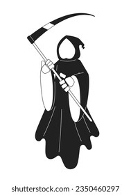 Halloween death monochrome concept vector spot illustration. Grim reaper holding scythe 2D flat bw cartoon character for web UI design. Spirit Helloween cosplay isolated editable hand drawn hero image