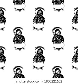 halloween death with a scythe cauldron pot with seamless pattern
