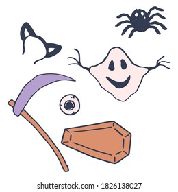 Halloween death scythe on white isolated backdrop. Ghost and coffin for invitation or gift card, notebook, bath tile, scrapbook. Phone case or cloth print art. Doodle style stock vector illustration