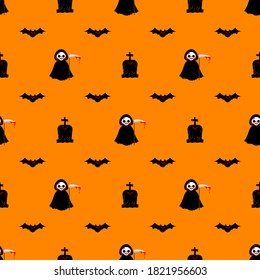 Halloween death vector pattern. Cartoon style. Kawaii character. Trick or treat. Cute symbols of the holiday. Funny illustration. For fabrics, textiles, cards, backgrounds and wrapping papers.