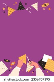 Halloween decor creating concept, hands cut out flags for bunting with scissors. Flat lay with craft paper, greeting card with candy, stars on purple background. Vector illustration with copy space.