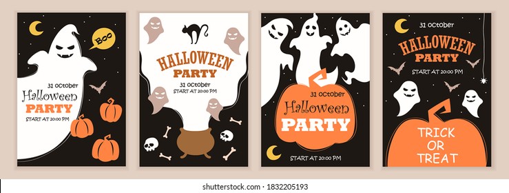 Halloween decor. Ghosts and bats.Set of colorful templates for banners, posters, flyers, cards, invitations. Monsters, Pumpkin, Cauldron. Spooky Cartoon Vector Illustrations. Holiday design.