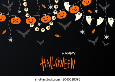 Halloween decor. Ghosts and bats. Pumpkin. Horizontal black background with garland. Spooky Cartoon Vector Illustrations. Holiday design.