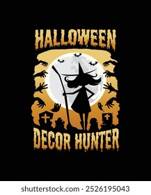 Decor de Halloween Hunter, Ilustração, Gráfico, Camiseta de Halloween para Mulheres, Camisas de Halloween para Crianças, Design de camiseta, Clipart, Logotipo, Adesivo, Sublimação