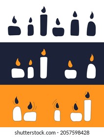 Halloween decor set. Drawn vector candles in cartoon style. Illustration in white, dark and orange colors.