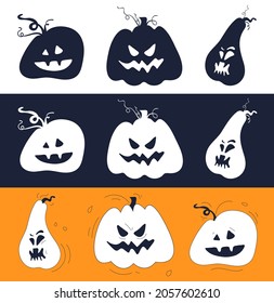 Halloween decor set. Drawn vector pumpkins in cartoon style with cut out funny scary faces. Illustration in white, dark and orange colors.