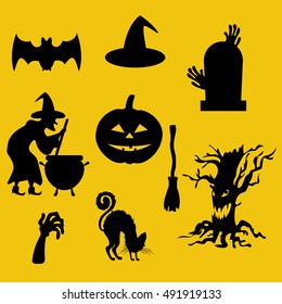 Halloween decor set. Witch, jack-o-lantern, ghost black cat zombie hands. Vector illustration