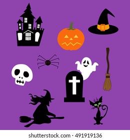Halloween decor set. Witch, jack-o-lantern, ghost black cat zombie hands. Vector illustration