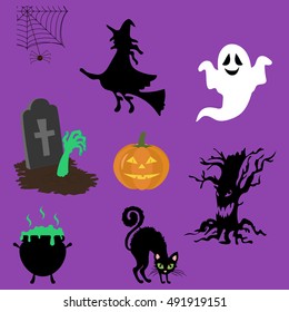 Halloween decor set. Witch, jack-o-lantern, ghost black cat zombie hands. Vector illustration