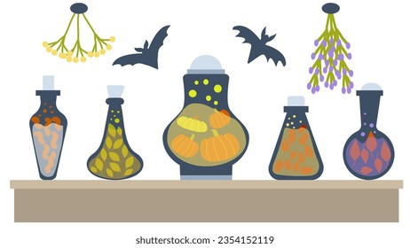 Decoración de Halloween. La estantería de un antiguo laboratorio alquímico con viejos frascos químicos, y paquetes de hierbas secas y murciélagos La ilustración del vector se dibuja a mano al estilo de garabatos planos.