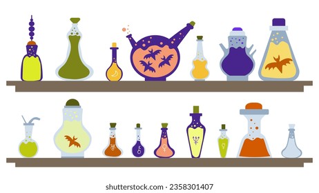 Halloween decor. Shelves of an old alchemical laboratory with vintage chemical flasks. Vector illustration is hand-drawn in a flat doodle style.