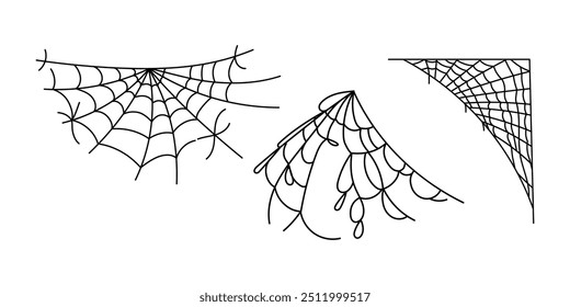 Decoração de Halloween, teia de aranha, ilustração vetorial desenhada à mão isolada sobre fundo branco. Vintage, conjunto de esboços de doodle.	