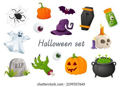 Halloween decor and symbols 3d realistic set. Bundle of spider on web, pumpkin, bat, eyes, witch hat, coffin, skull with candles, ghost, zombie hand and other isolated elements.Vector illustration