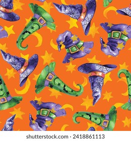 Halloween decor. Watercolor seamless pattern. Individual images on a white background. Cute cartoon style. For printing fabric, Wallpaper, packaging, wrapping paper, greeting cards and invitations.