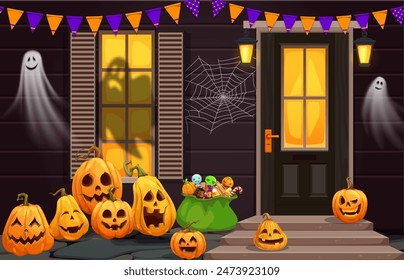 Halloween decorated door porch with funny ghosts, holiday sweets bucket, cartoon vector. Scary pumpkins and cobweb, holiday horror night and trick or treat party spooky boo ghosts behind windows