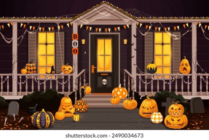 Halloween decorated door porch with patterned pumpkins, pennants and garlands. Halloween holiday house door porch vector backdrop with spooky pumpkins, creepy Jack o lanterns, cemetery gravestones