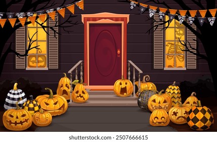 Porche de puerta decorado de Halloween con guirnaldas de banderín, calabazas de patrones aterradores y siluetas espeluznantes de esqueleto y cráneo de Vector. Truco o trato de Halloween noche de horror decoración de la casa de vacaciones con banderas