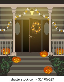 Halloween Decorated Front Door And Porch With Pumpkins And Wreath. Vector Illustration. 