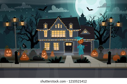 Halloween decorated house. Building front view with  graves, pumpkins, scarecrow. Happy Halloween banner. Halloween celebration concept vector illustration.