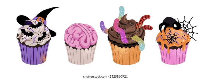 Halloween decorated muffins set. Spooky cupcakes with jelly worms, spider web and witch hat. Halloween food designs 