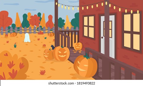 Halloween Decorated Yard Flat Color Vector Illustration. Seasonal Spooky Pumpkins On Lawn. Home Porch And Light Garland. Festive House Backyard 2D Cartoon Landscape With Autumn Background