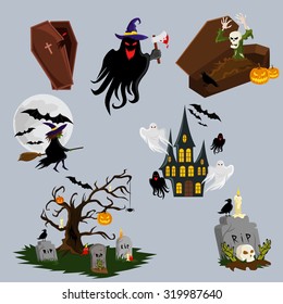 Halloween decoration attributes vector image design set for illustration, postcards, posters, stickers, labels and other  creative needs.