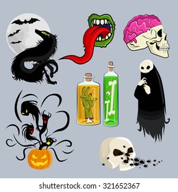 Halloween decoration attributes vector image design set for illustration, postcards, posters, stickers, labels and other  creative needs.