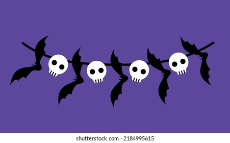 Halloween decoration with bats and skulls. Garland with holiday cute characters. Festive buntings with skulls and bats for greeting cards invitations, colorful flags flat vector decoration rope sign