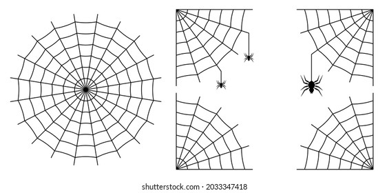 Halloween decoration. Black spiders hang on cobwebs.
 Round spider web. The cobweb is angular at all four corners. Black color. Vector illustration.