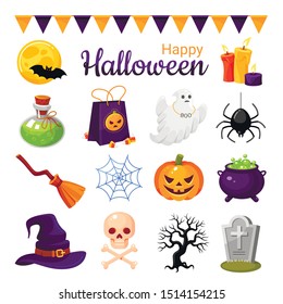 Halloween decoration cartoon color illustrations set. Spooky and creepy decor isolated on white. Magic potion, cauldron, ghost stickers. Witch hat and broom, skull, pumpkin. Horror items flat symbols