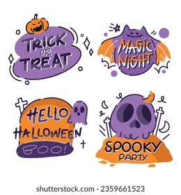 Halloween decoration cartoon sticker set with greeting text message vector design