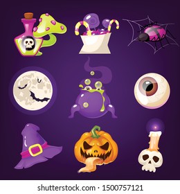 Halloween decoration cartoon vector set. Spooky and scary items isolated on purple. Magic potion, treats, spider, pumpkin stickers. Witch hat, eye, skull and moon. Horror decor flat cliparts
